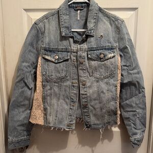 FP Movement by Free People Blue Denim Jacket with Cream Lace